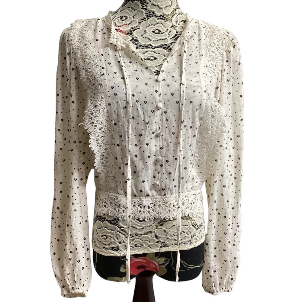 Mine lace detailing blouse long balloon sleeves tie back  light beige women’s L